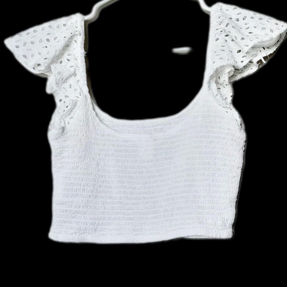 H&M White Eyelet Flutter-Sleeve Crop Top